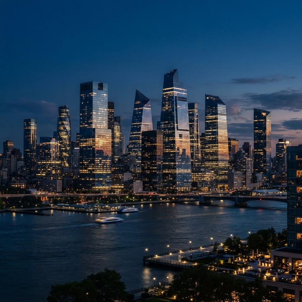 Modern financial district skyline at dusk
